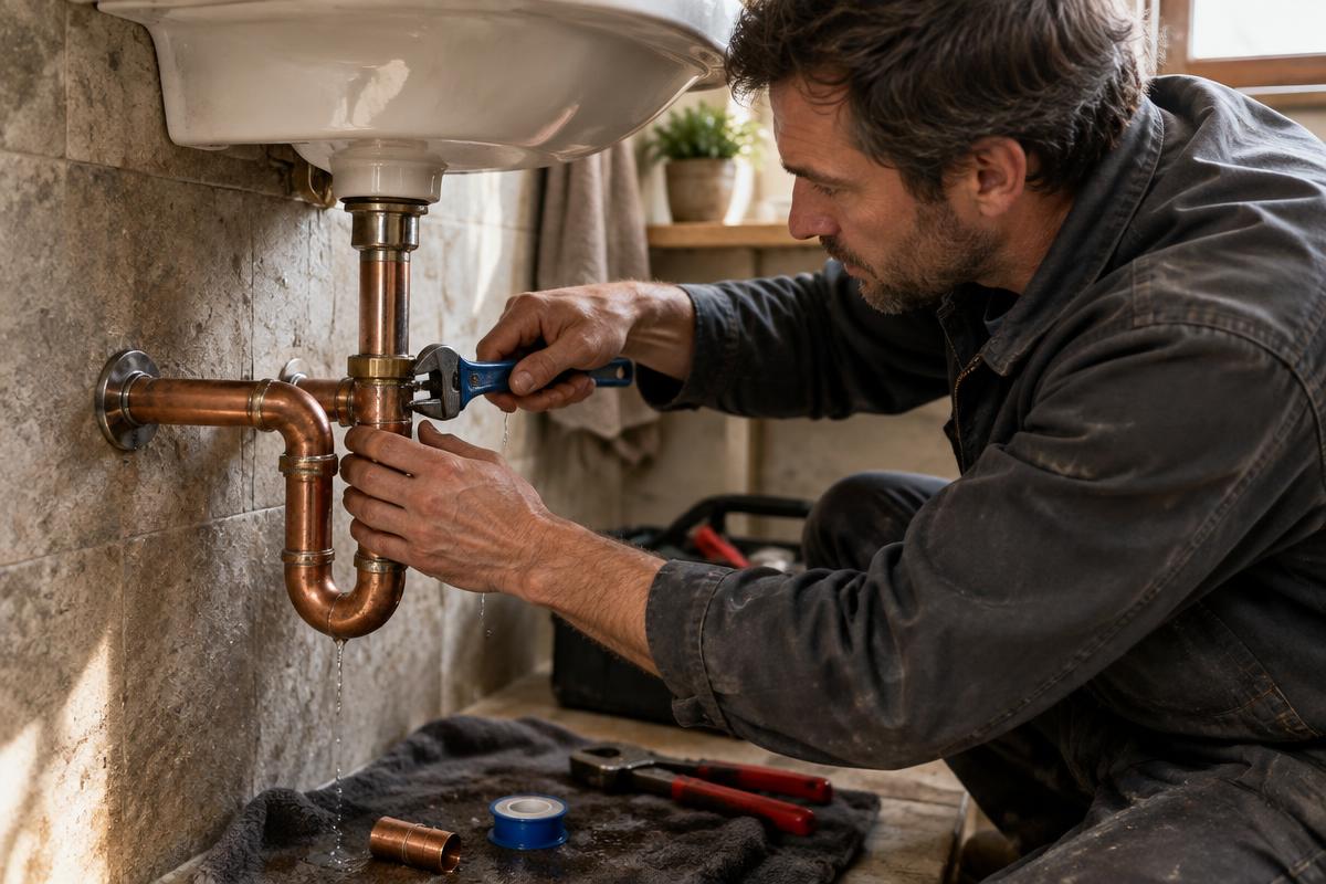 Intervention sur une canalisation en cuivre sous un lavabo.